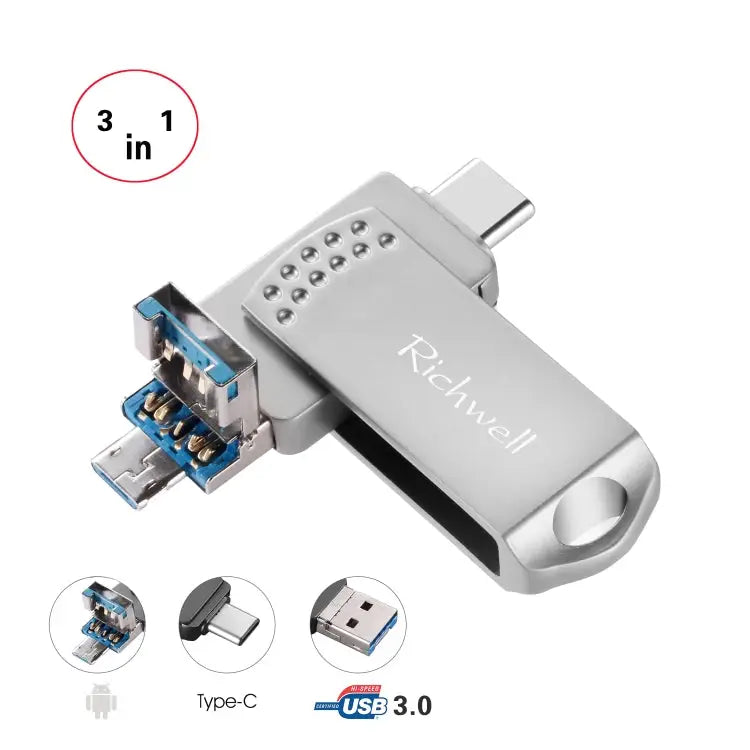 Richwell 3 in 1 16G Type-C + Micro USB + USB 3.0 Metal Flash Disk with OTG Function - Silver