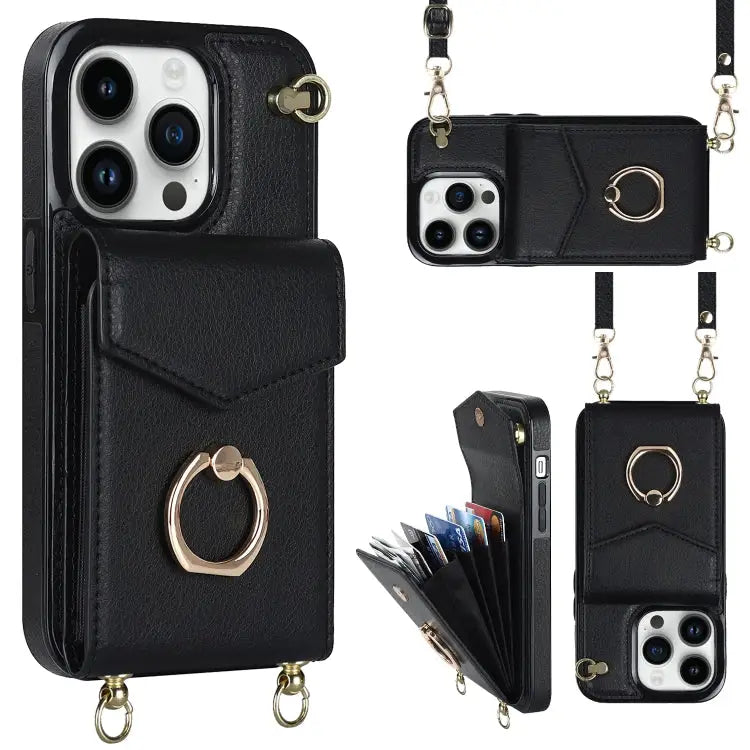 Ring Holder RFID Card Slot Phone Case with Long Lanyard - For iPhone 14 Pro / Black - Apple Accessories