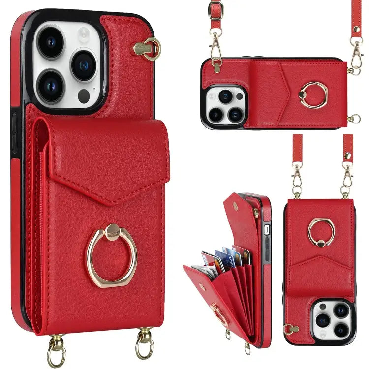 Ring Holder RFID Card Slot Phone Case with Long Lanyard - For iPhone 14 Pro / Red - Apple Accessories