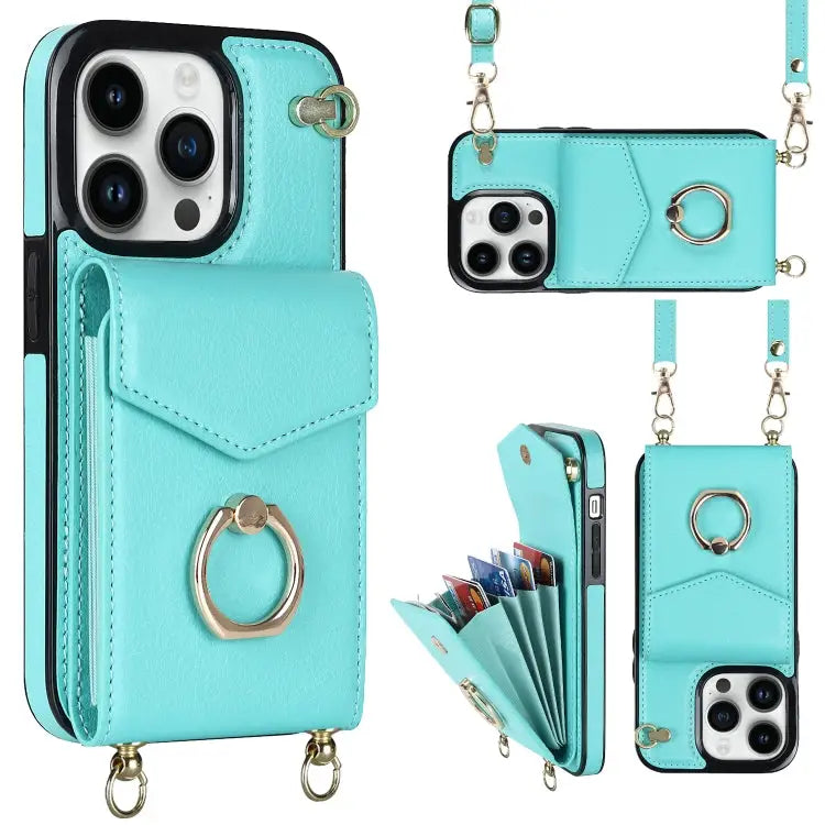 Ring Holder RFID Card Slot Phone Case with Long Lanyard - For iPhone 14 Pro / Mint Green - Apple Accessories