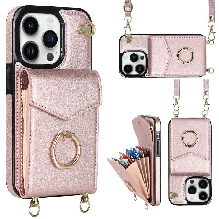 Ring Holder RFID Card Slot Phone Case with Long Lanyard - For iPhone 14 Pro Max / Rose Gold - Apple Accessories