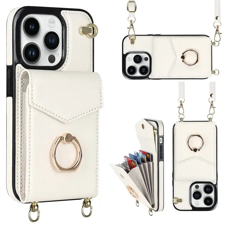 Ring Holder RFID Card Slot Phone Case with Long Lanyard - For iPhone 14 Pro Max / Beige - Apple Accessories