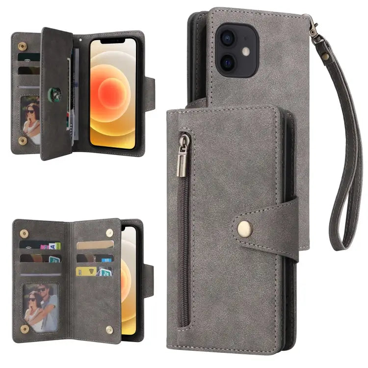 Rivet Buckle 9 Cards Three Fold Leather Phone Case For iPhone 12 For iPhone 12 mini For iPhone 12 Pro Max For iPhone 13