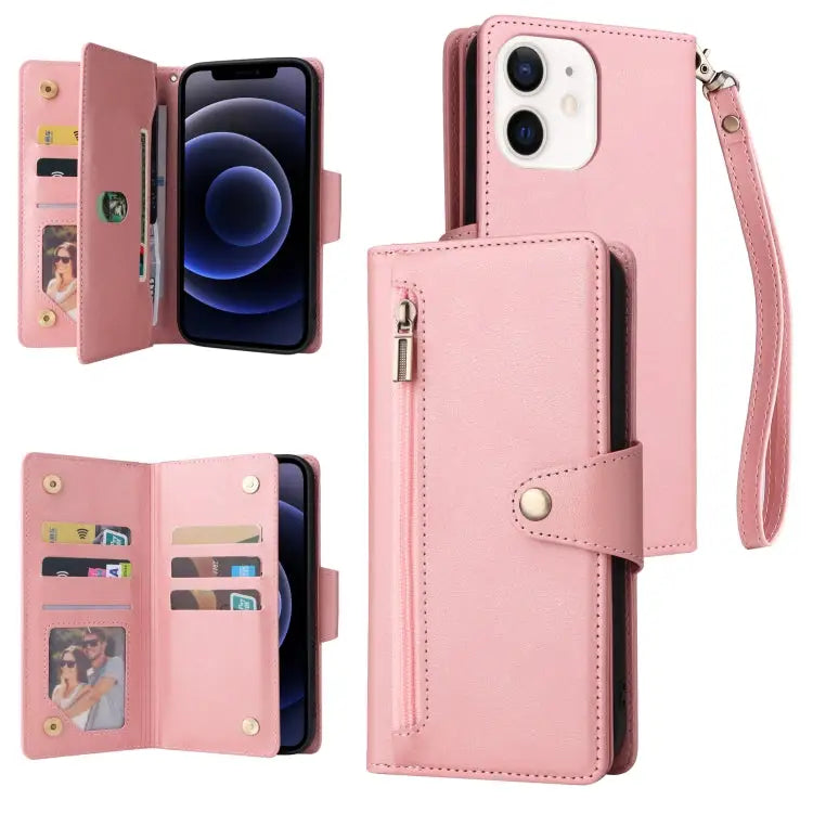 Rivet Buckle 9 Cards Three Fold Leather Phone Case For iPhone 12 For iPhone 12 mini For iPhone 12 Pro Max For iPhone 13