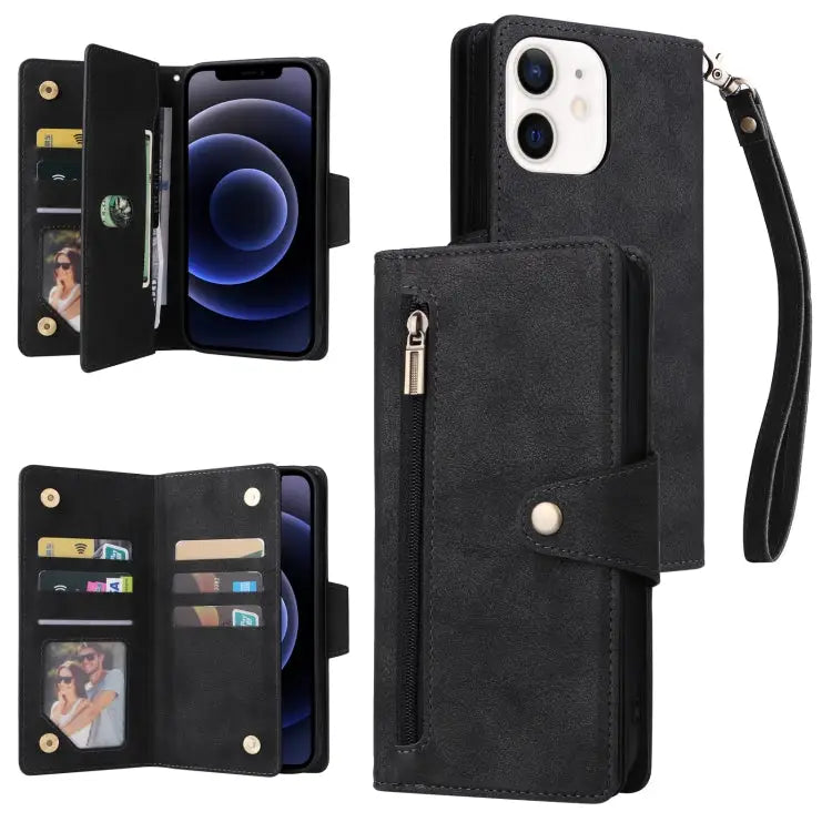 Rivet Buckle 9 Cards Three Fold Leather Phone Case For iPhone 12 For iPhone 12 mini For iPhone 12 Pro Max For iPhone 13