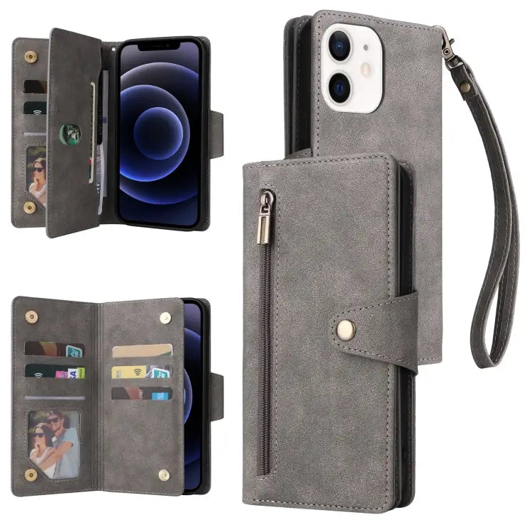 Rivet Buckle 9 Cards Three Fold Leather Phone Case For iPhone 12 For iPhone 12 mini For iPhone 12 Pro Max For iPhone 13