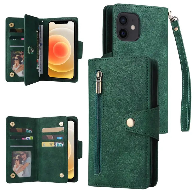 Rivet Buckle 9 Cards Three Fold Leather Phone Case For iPhone 12 For iPhone 12 mini For iPhone 12 Pro Max For iPhone 13