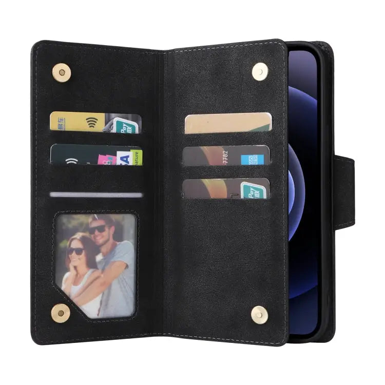 Rivet Buckle 9 Cards Three Fold Leather Phone Case For iPhone 12 For iPhone 12 mini For iPhone 12 Pro Max For iPhone 13