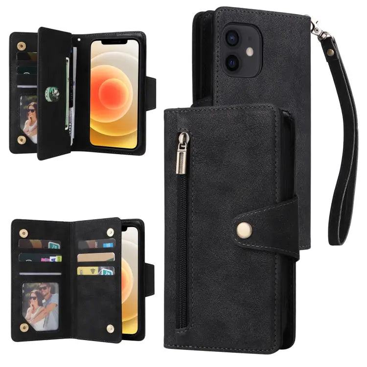 Rivet Buckle 9 Cards Three Fold Leather Phone Case For iPhone 12 For iPhone 12 mini For iPhone 12 Pro Max For iPhone 13