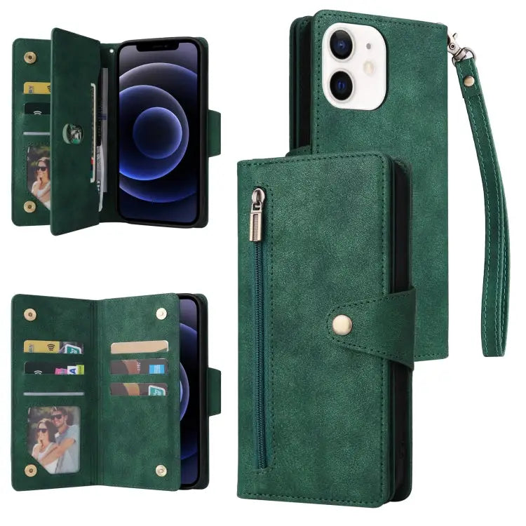 Rivet Buckle 9 Cards Three Fold Leather Phone Case For iPhone 12 For iPhone 12 mini For iPhone 12 Pro Max For iPhone 13