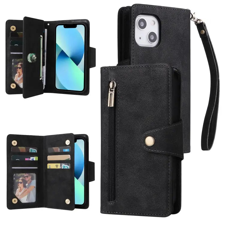 Rivet Buckle 9 Cards Three Fold Leather Phone Case For iPhone 12 For iPhone 12 mini For iPhone 12 Pro Max For iPhone 13