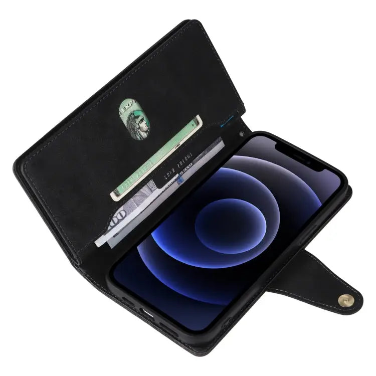 Rivet Buckle 9 Cards Three Fold Leather Phone Case For iPhone 12 For iPhone 12 mini For iPhone 12 Pro Max For iPhone 13