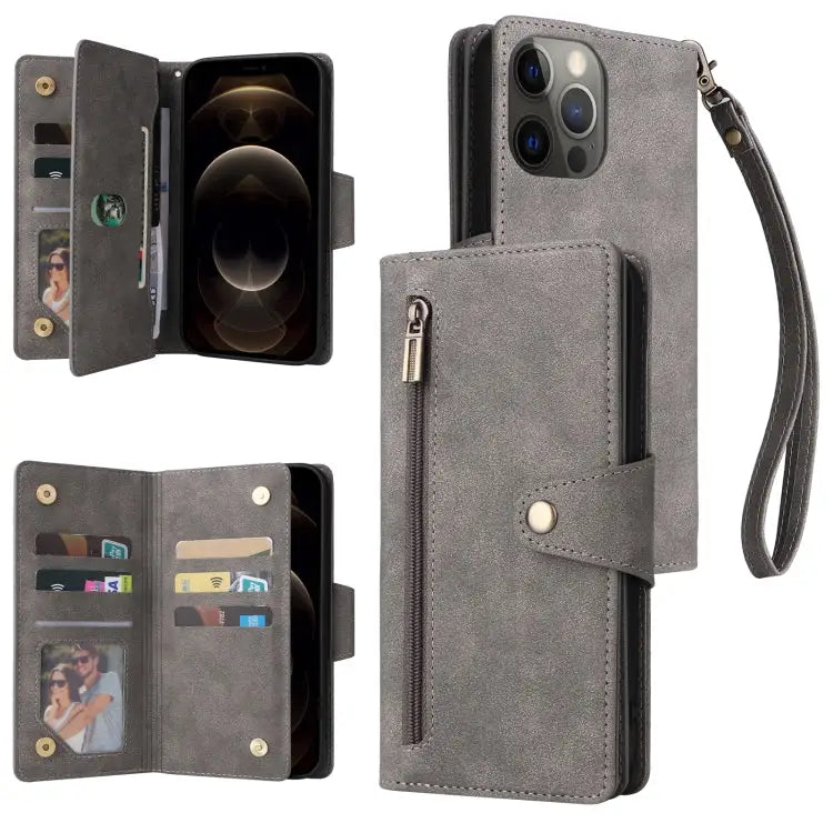 Rivet Buckle 9 Cards Three Fold Leather Phone Case For iPhone 12 For iPhone 12 mini For iPhone 12 Pro Max For iPhone 13