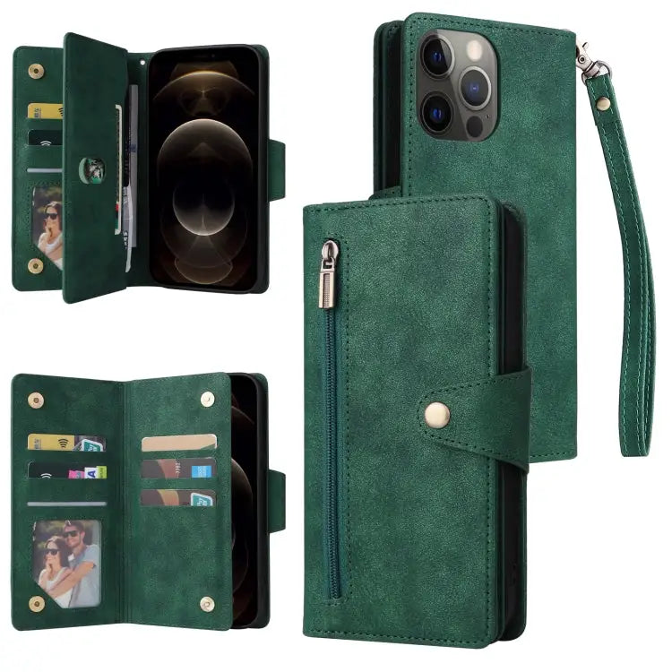 Rivet Buckle 9 Cards Three Fold Leather Phone Case For iPhone 12 For iPhone 12 mini For iPhone 12 Pro Max For iPhone 13