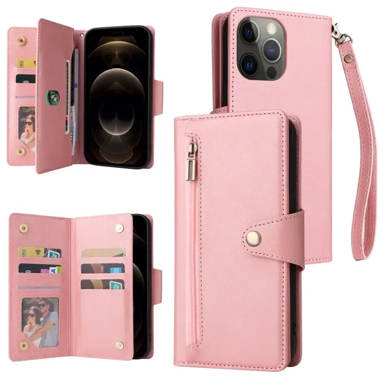 Rivet Buckle 9 Cards Three Fold Leather Phone Case For iPhone 12 For iPhone 12 mini For iPhone 12 Pro Max For iPhone 13