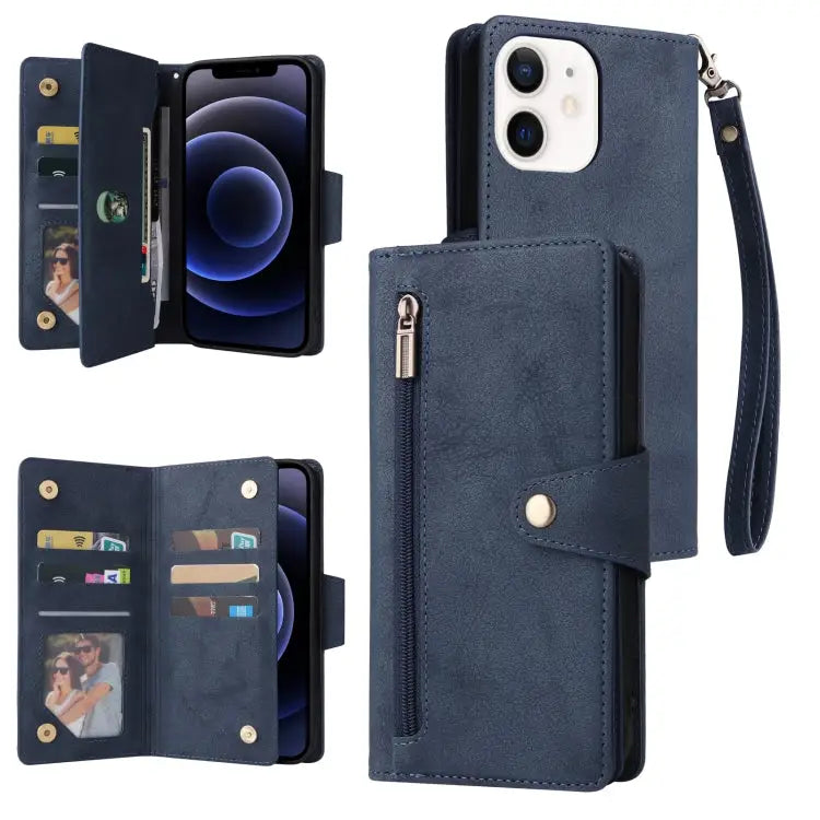 Rivet Buckle 9 Cards Three Fold Leather Phone Case For iPhone 12 For iPhone 12 mini For iPhone 12 Pro Max For iPhone 13