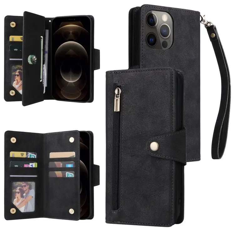 Rivet Buckle 9 Cards Three Fold Leather Phone Case For iPhone 12 For iPhone 12 mini For iPhone 12 Pro Max For iPhone 13
