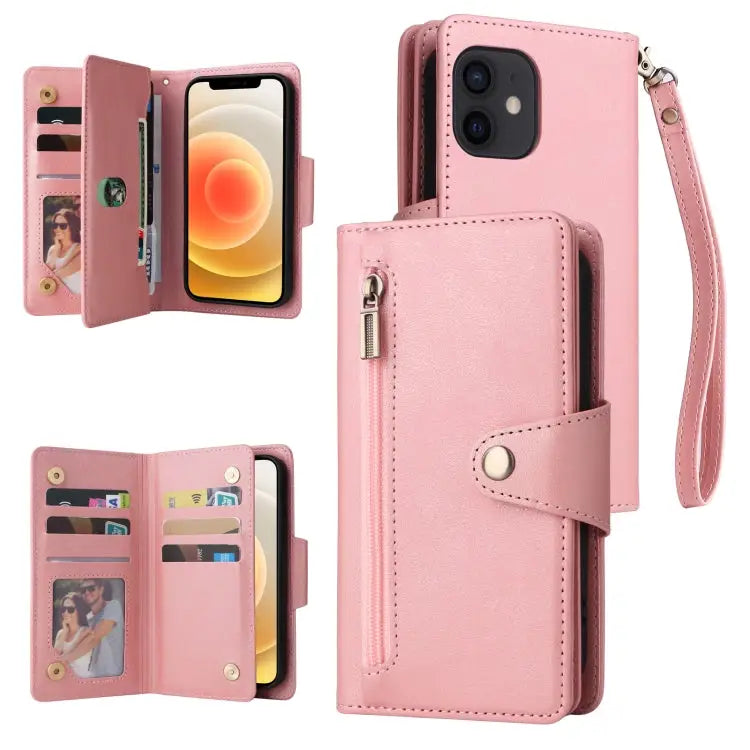 Rivet Buckle 9 Cards Three Fold Leather Phone Case For iPhone 12 For iPhone 12 mini For iPhone 12 Pro Max For iPhone 13