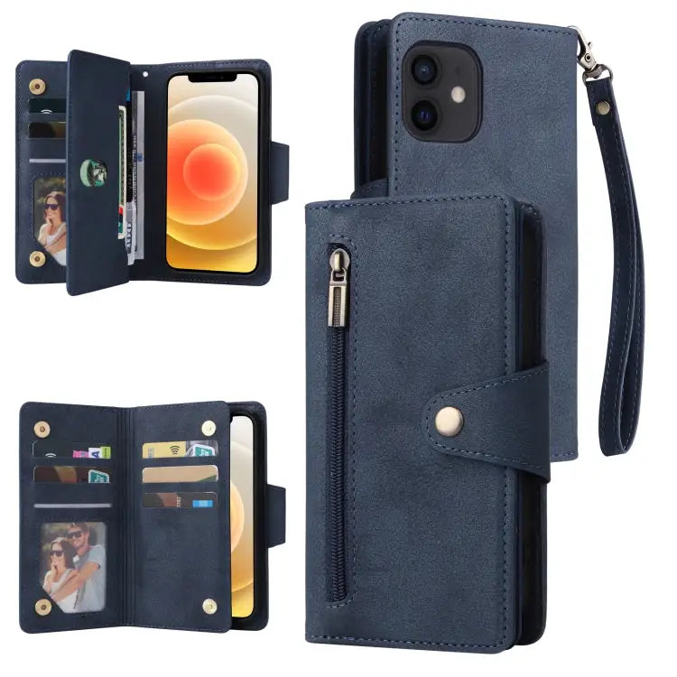 Rivet Buckle 9 Cards Three Fold Leather Phone Case For iPhone 12 For iPhone 12 mini For iPhone 12 Pro Max For iPhone 13