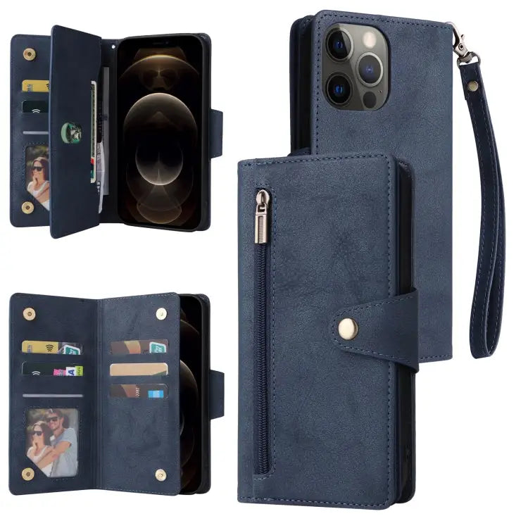 Rivet Buckle 9 Cards Three Fold Leather Phone Case For iPhone 12 For iPhone 12 mini For iPhone 12 Pro Max For iPhone 13