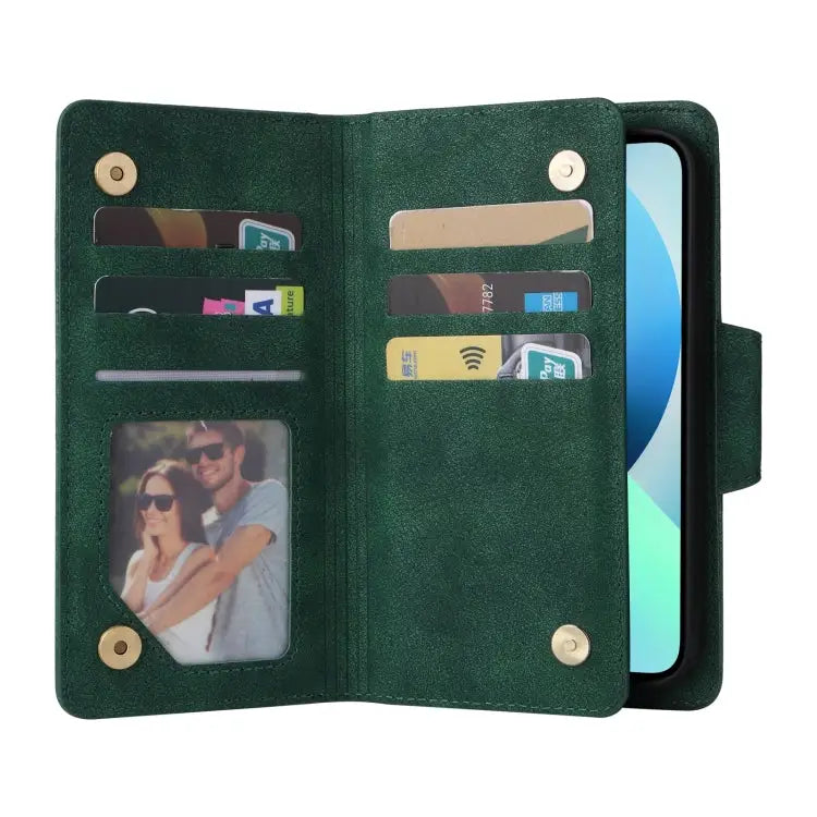 Rivet Buckle 9 Cards Three Fold Leather Phone Case For iPhone 13 - Apple Accessories