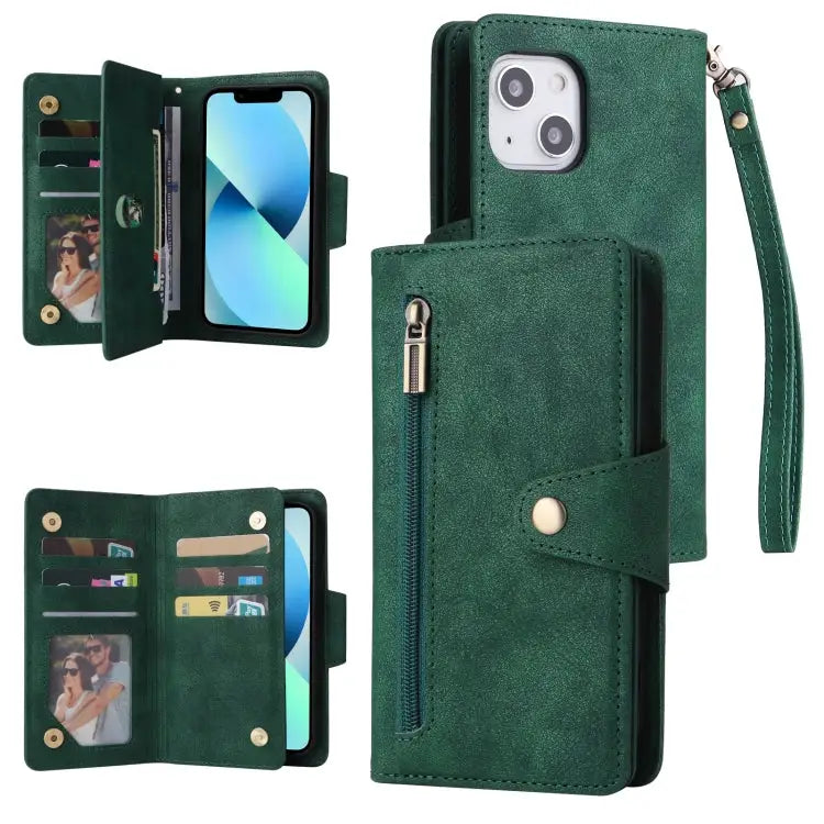 Rivet Buckle 9 Cards Three Fold Leather Phone Case For iPhone 13 - For iPhone 13 / Green - Apple Accessories