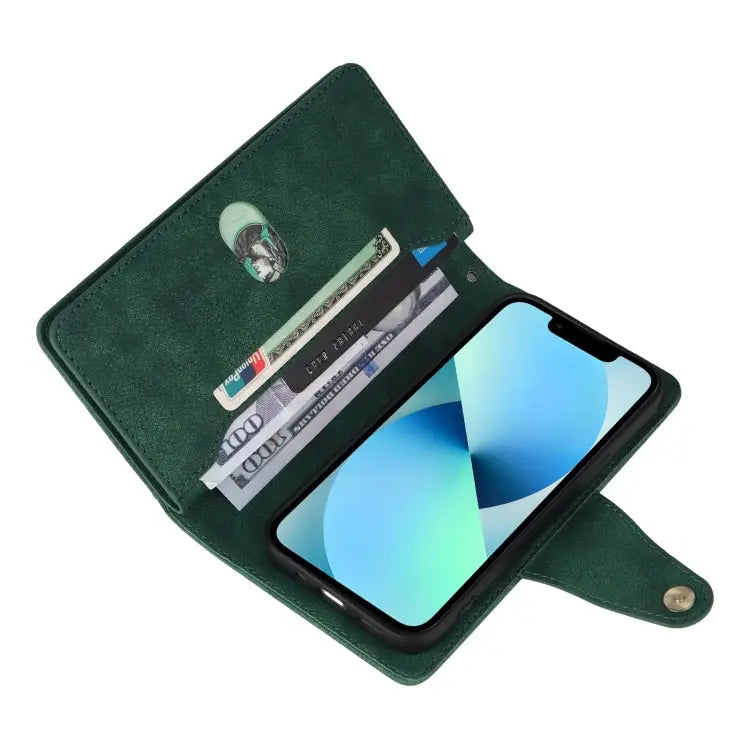 Rivet Buckle 9 Cards Three Fold Leather Phone Case For iPhone 13 - Apple Accessories