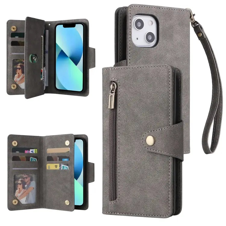 Rivet Buckle 9 Cards Three Fold Leather Phone Case For iPhone 13 - For iPhone 13 / Grey - Apple Accessories