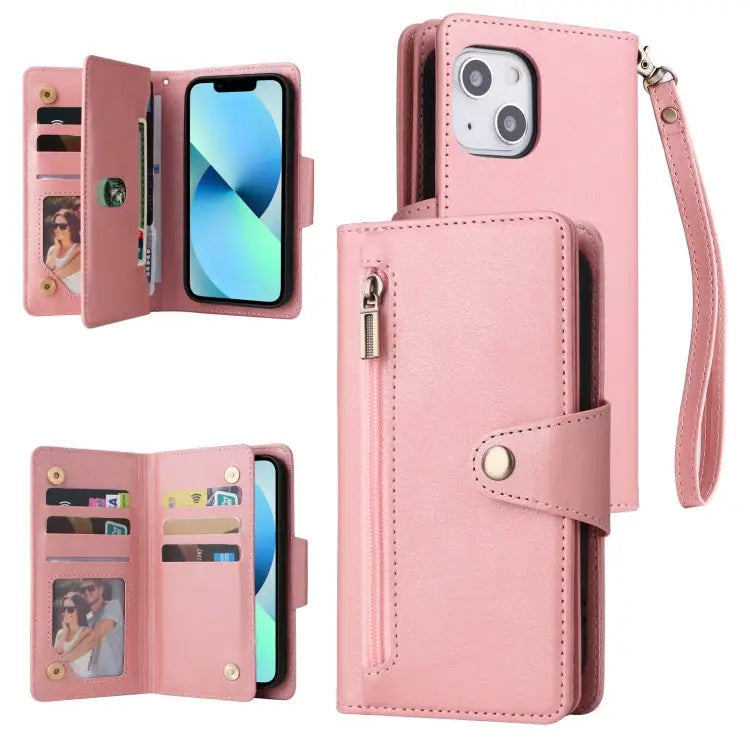 Rivet Buckle 9 Cards Three Fold Leather Phone Case For iPhone 13 - For iPhone 13 / Rose Gold - Apple Accessories
