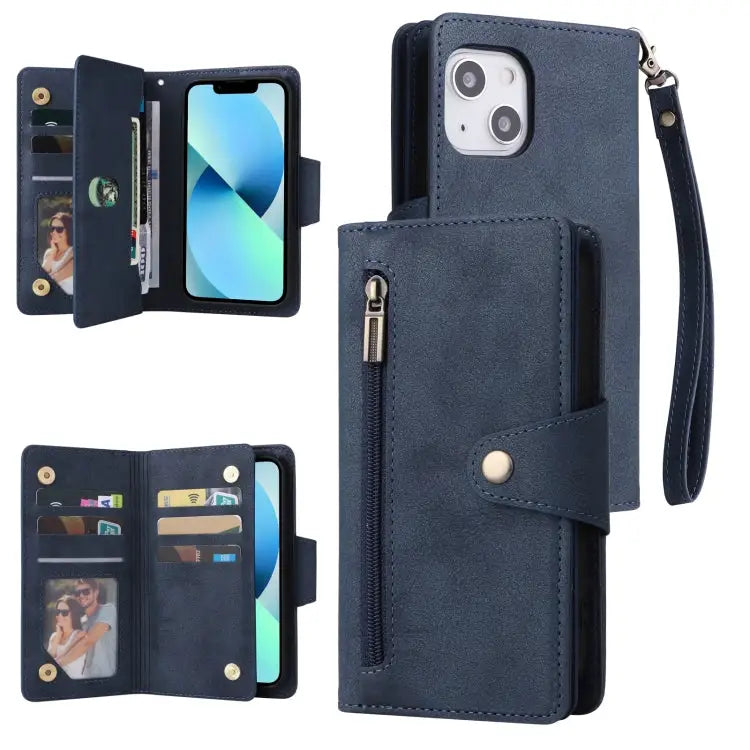 Rivet Buckle 9 Cards Three Fold Leather Phone Case For iPhone 13 - For iPhone 13 / Blue - Apple Accessories