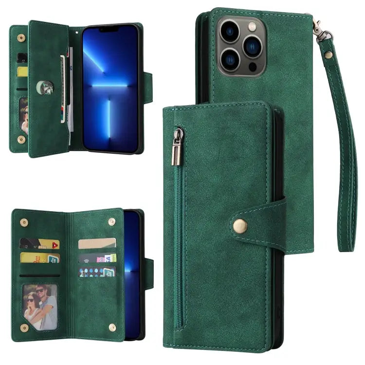 Rivet Buckle 9 Cards Three Fold Leather Phone Case For iPhone 13 Pro For iPhone 13 Pro Max - For iPhone 13 Pro / Green