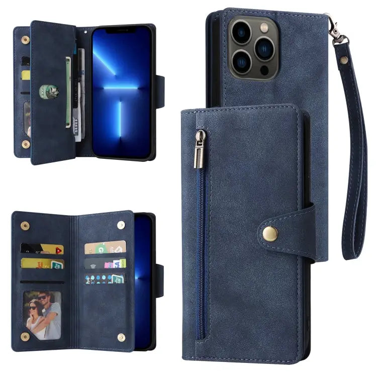 Rivet Buckle 9 Cards Three Fold Leather Phone Case For iPhone 13 Pro For iPhone 13 Pro Max - For iPhone 13 Pro / Blue