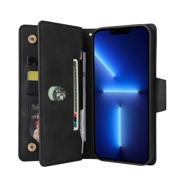 Rivet Buckle 9 Cards Three Fold Leather Phone Case For iPhone 13 Pro For iPhone 13 Pro Max - Apple Accessories