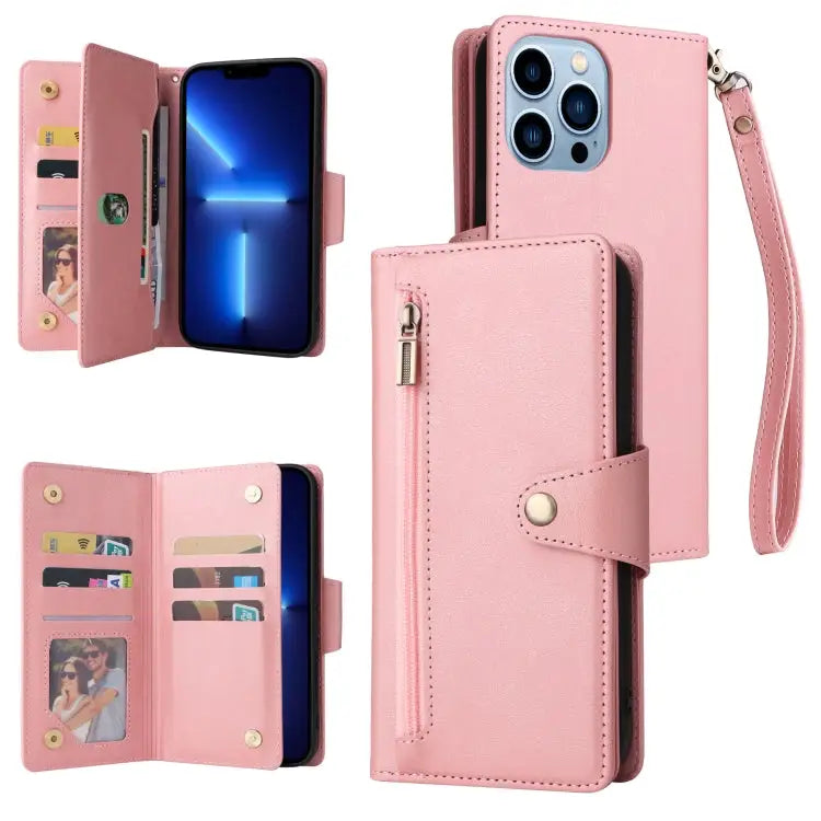 Rivet Buckle 9 Cards Three Fold Leather Phone Case For iPhone 13 Pro For iPhone 13 Pro Max - For iPhone 13 Pro Max