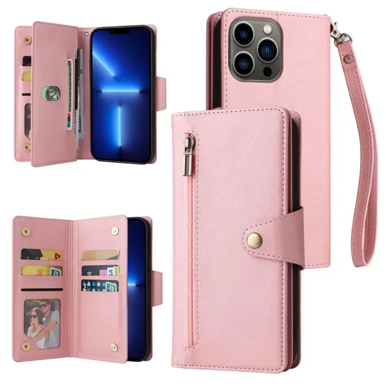 Rivet Buckle 9 Cards Three Fold Leather Phone Case For iPhone 13 Pro For iPhone 13 Pro Max - For iPhone 13 Pro / Rose