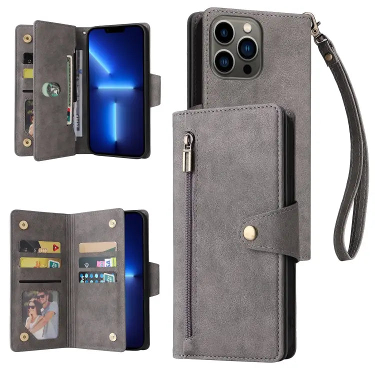 Rivet Buckle 9 Cards Three Fold Leather Phone Case For iPhone 13 Pro For iPhone 13 Pro Max - For iPhone 13 Pro / Grey