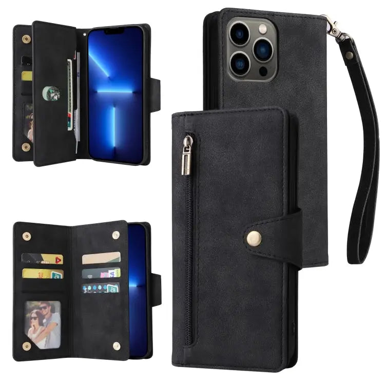Rivet Buckle 9 Cards Three Fold Leather Phone Case For iPhone 13 Pro For iPhone 13 Pro Max - For iPhone 13 Pro / Black