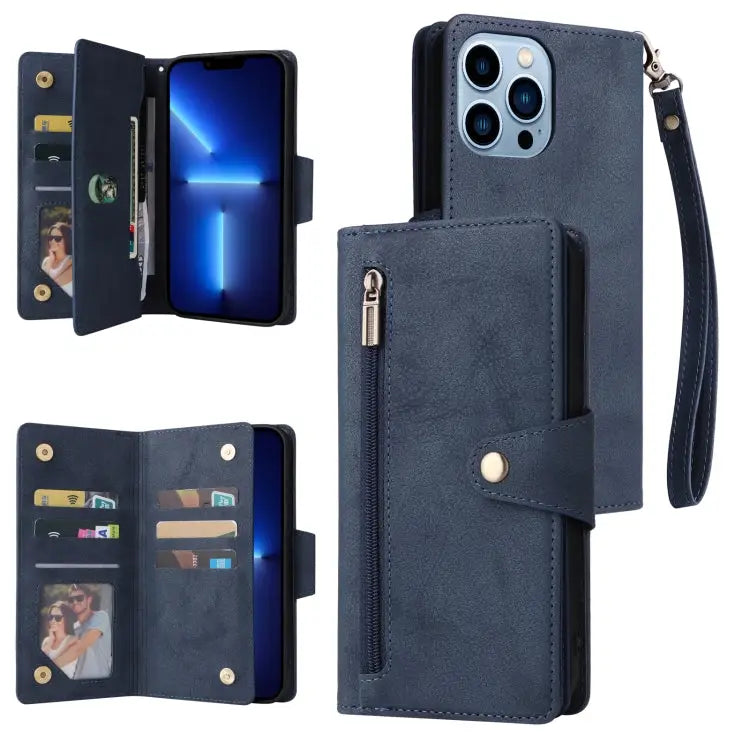 Rivet Buckle 9 Cards Three Fold Leather Phone Case For iPhone 13 Pro For iPhone 13 Pro Max - For iPhone 13 Pro Max