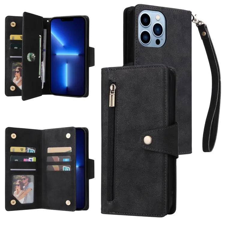 Rivet Buckle 9 Cards Three Fold Leather Phone Case For iPhone 13 Pro For iPhone 13 Pro Max - For iPhone 13 Pro Max