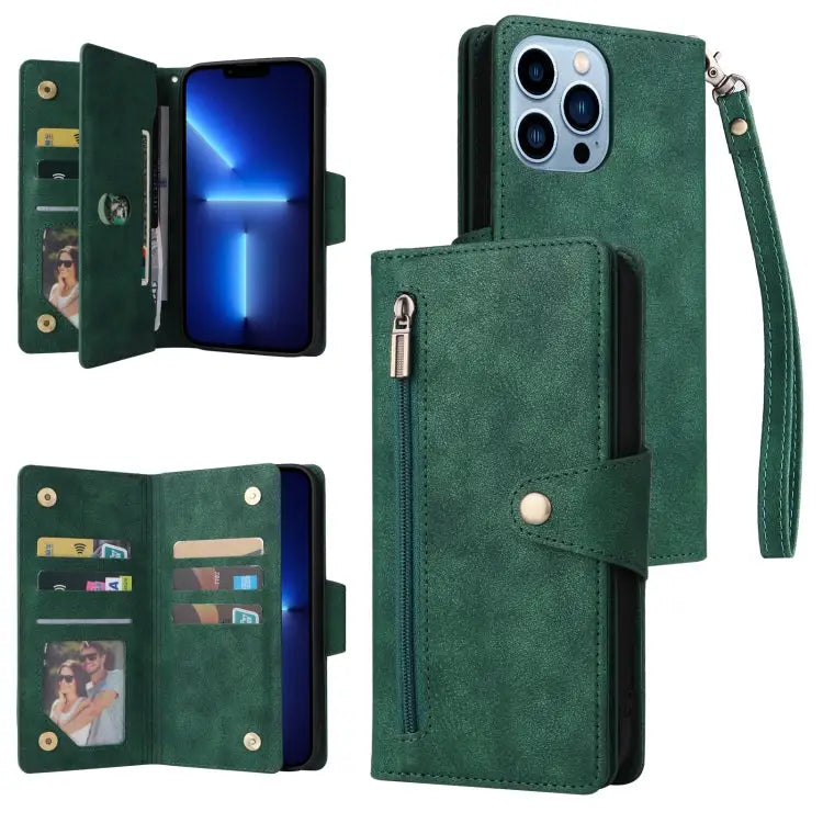 Rivet Buckle 9 Cards Three Fold Leather Phone Case For iPhone 13 Pro For iPhone 13 Pro Max - For iPhone 13 Pro Max