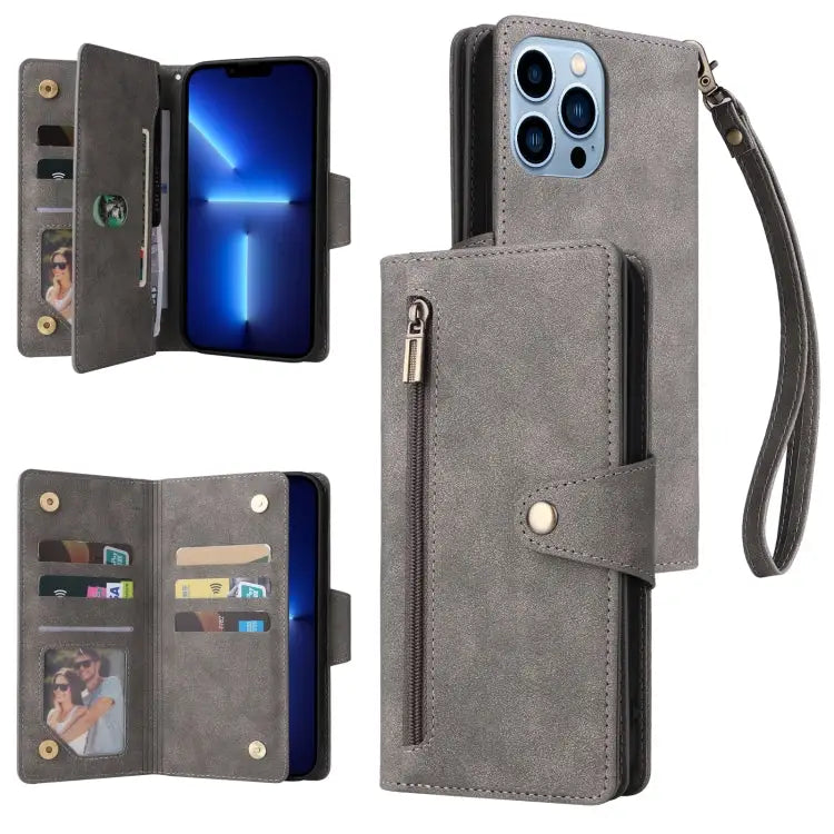 Rivet Buckle 9 Cards Three Fold Leather Phone Case For iPhone 13 Pro For iPhone 13 Pro Max - For iPhone 13 Pro Max