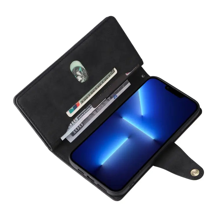 Rivet Buckle 9 Cards Three Fold Leather Phone Case For iPhone 13 Pro For iPhone 13 Pro Max - Apple Accessories