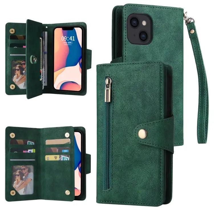 Rivet Buckle 9 Cards Three Fold Leather Phone Case For iPhone 14 For iPhone 14 Plus For iPhone 14 Pro For iPhone 14 Pro