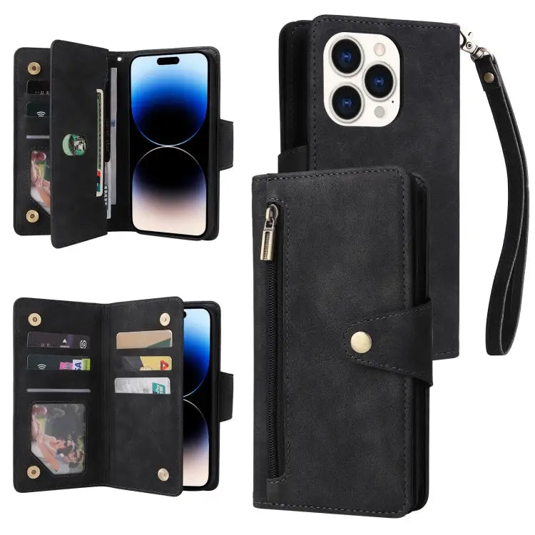 Rivet Buckle 9 Cards Three Fold Leather Phone Case For iPhone 14 For iPhone 14 Plus For iPhone 14 Pro For iPhone 14 Pro