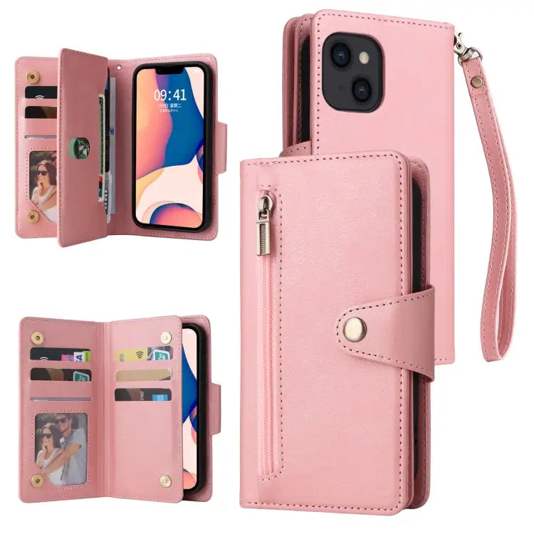 Rivet Buckle 9 Cards Three Fold Leather Phone Case For iPhone 14 For iPhone 14 Plus For iPhone 14 Pro For iPhone 14 Pro