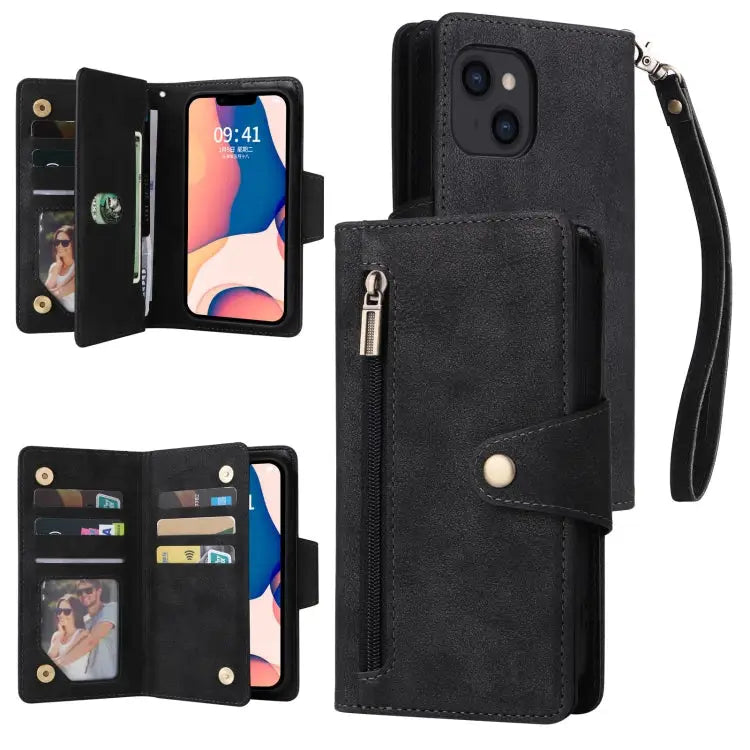 Rivet Buckle 9 Cards Three Fold Leather Phone Case For iPhone 14 For iPhone 14 Plus For iPhone 14 Pro For iPhone 14 Pro