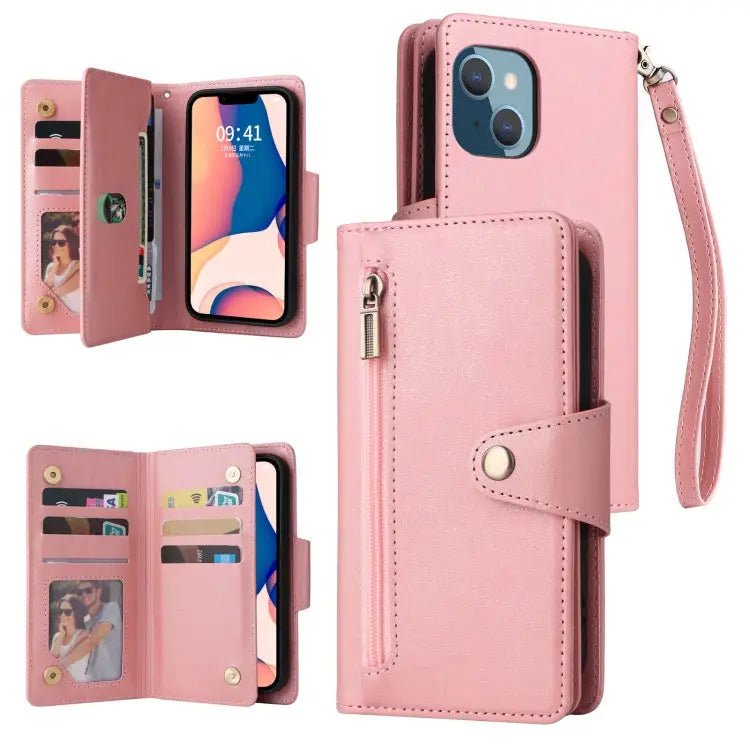 Rivet Buckle 9 Cards Three Fold Leather Phone Case For iPhone 14 For iPhone 14 Plus For iPhone 14 Pro For iPhone 14 Pro