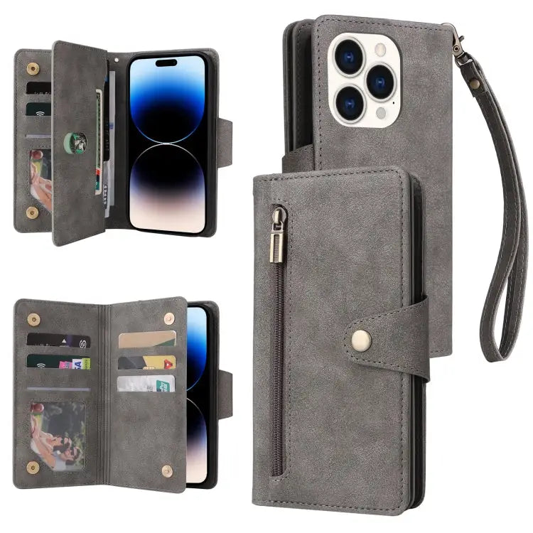 Rivet Buckle 9 Cards Three Fold Leather Phone Case For iPhone 14 For iPhone 14 Plus For iPhone 14 Pro For iPhone 14 Pro