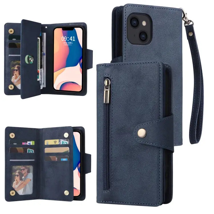 Rivet Buckle 9 Cards Three Fold Leather Phone Case For iPhone 14 For iPhone 14 Plus For iPhone 14 Pro For iPhone 14 Pro