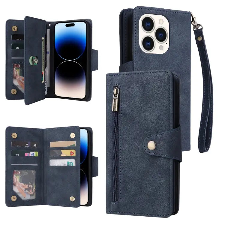 Rivet Buckle 9 Cards Three Fold Leather Phone Case For iPhone 14 For iPhone 14 Plus For iPhone 14 Pro For iPhone 14 Pro